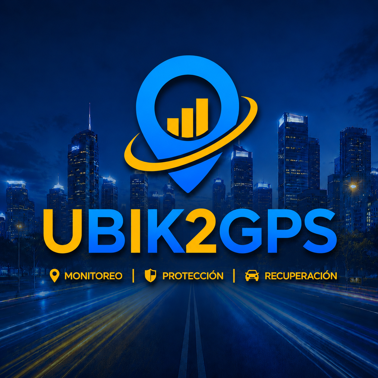 UBIK2GPS — Monitoreo, protección y recuperación. Ciudad nocturna y símbolo de localización GPS.